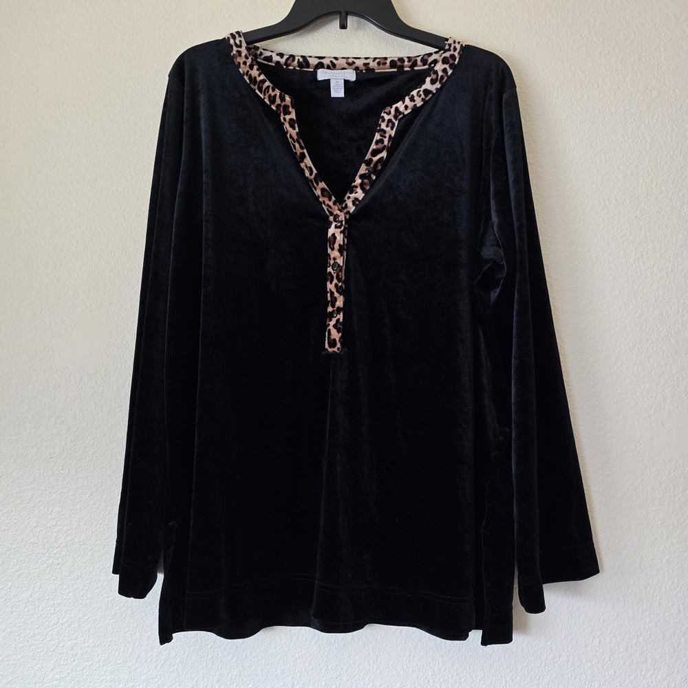 Charter‎ Club Black Velvet Tunic Top Women's Sz XL Animal Print Trim Soft Comfy
